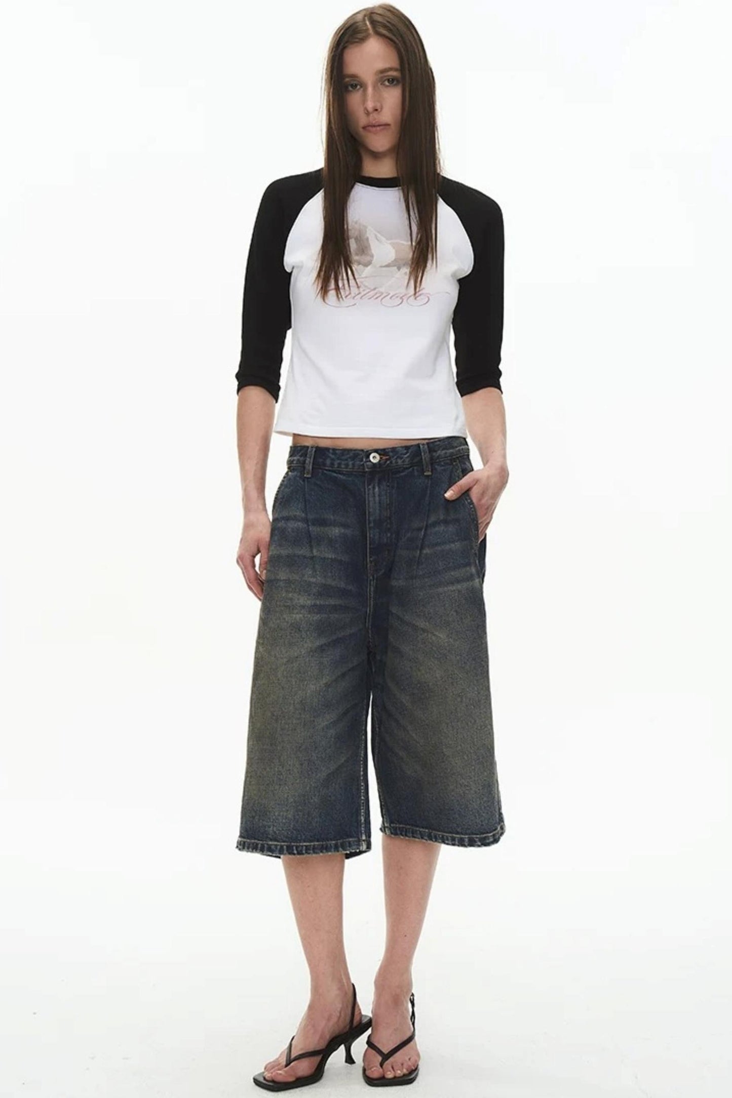 Pleated Distressed Denim Shorts