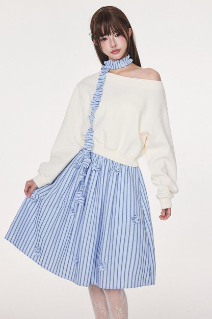 Blue Striped Flower Silhouette Skirt