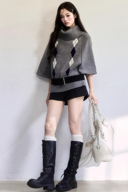 Retro Diamond Wool Knit Cape Sweater
