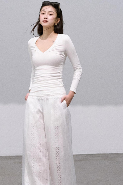 Shimmer Cotton Wide-Leg Pants