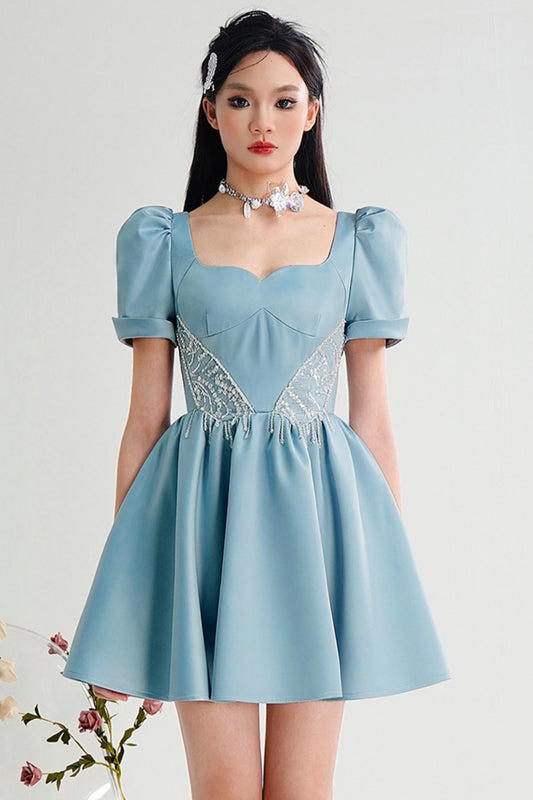 Romantic Pearl Bubble Sleeve Dress