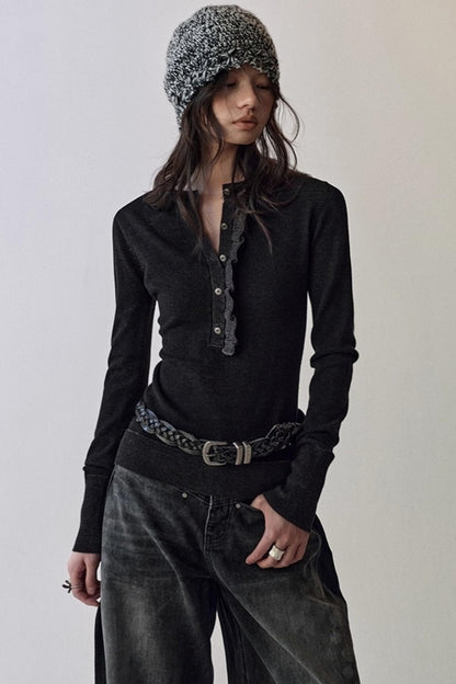 One-Sided Ruffled Crew Neck Knit Top