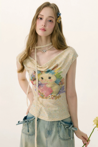Rainbow Rabbit Knitted Off-Shoulder T-Shirt
