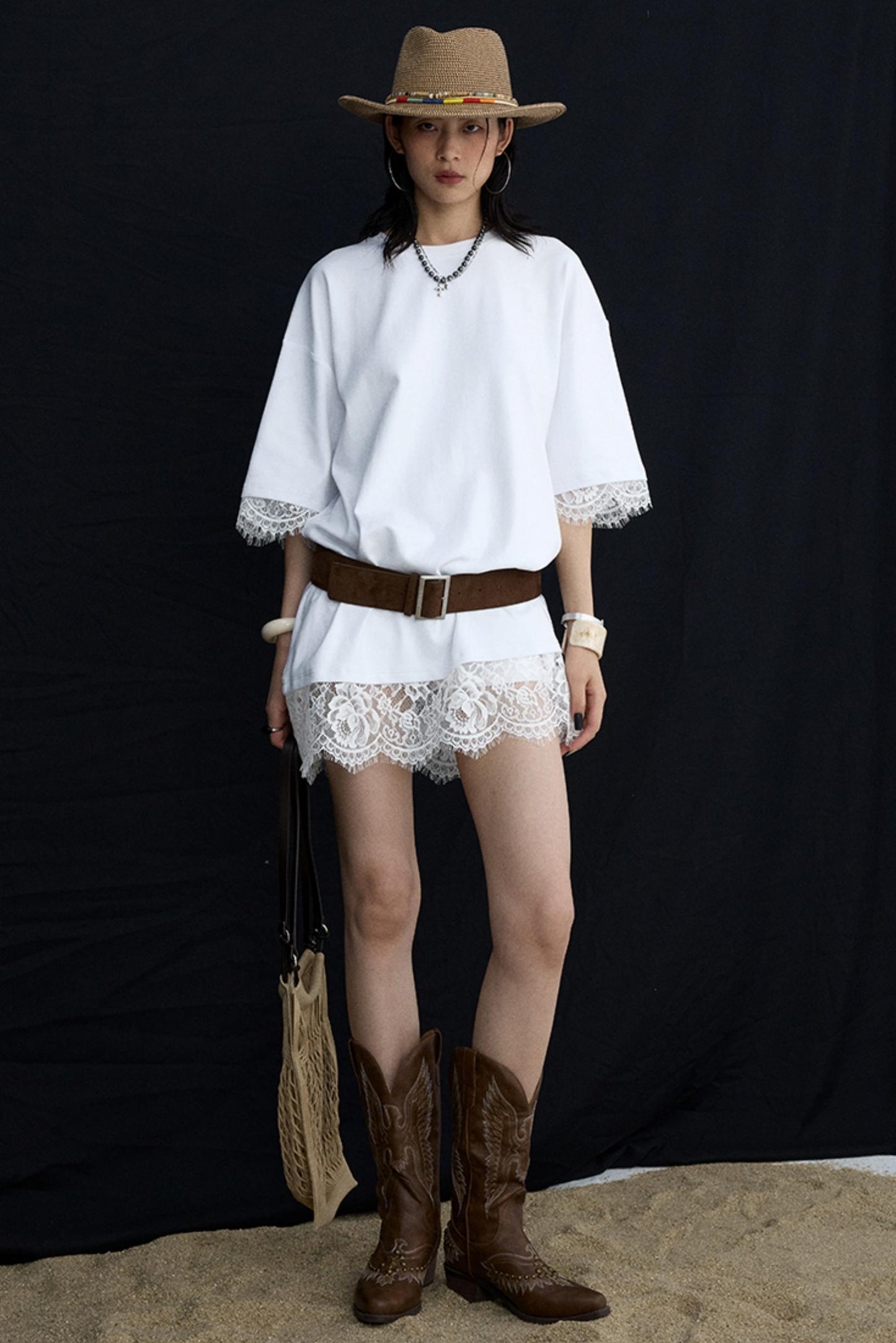 Patchwork Lace Crew Neck Long Top