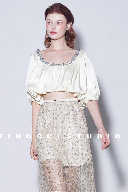 Diamond-Embellished Silk Satin Top