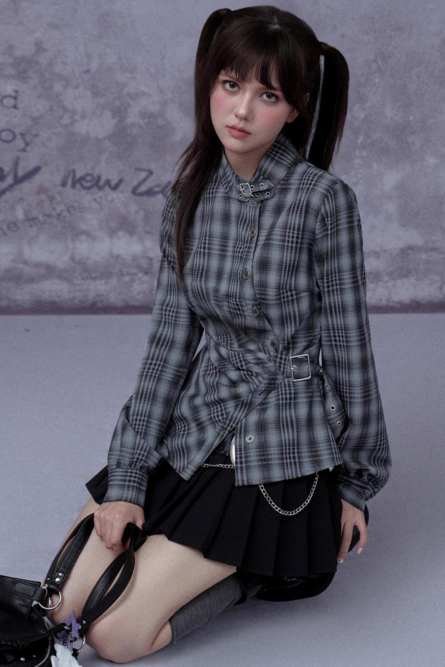 Gray-Blue Plaid Placket Long-Sleeved Shirt