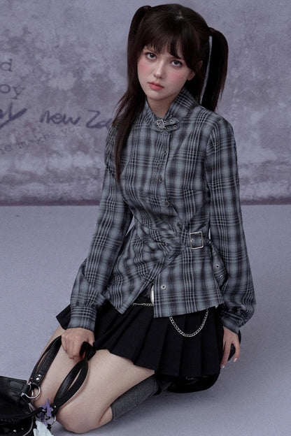 Gray-Blue Plaid Placket Long-Sleeved Shirt