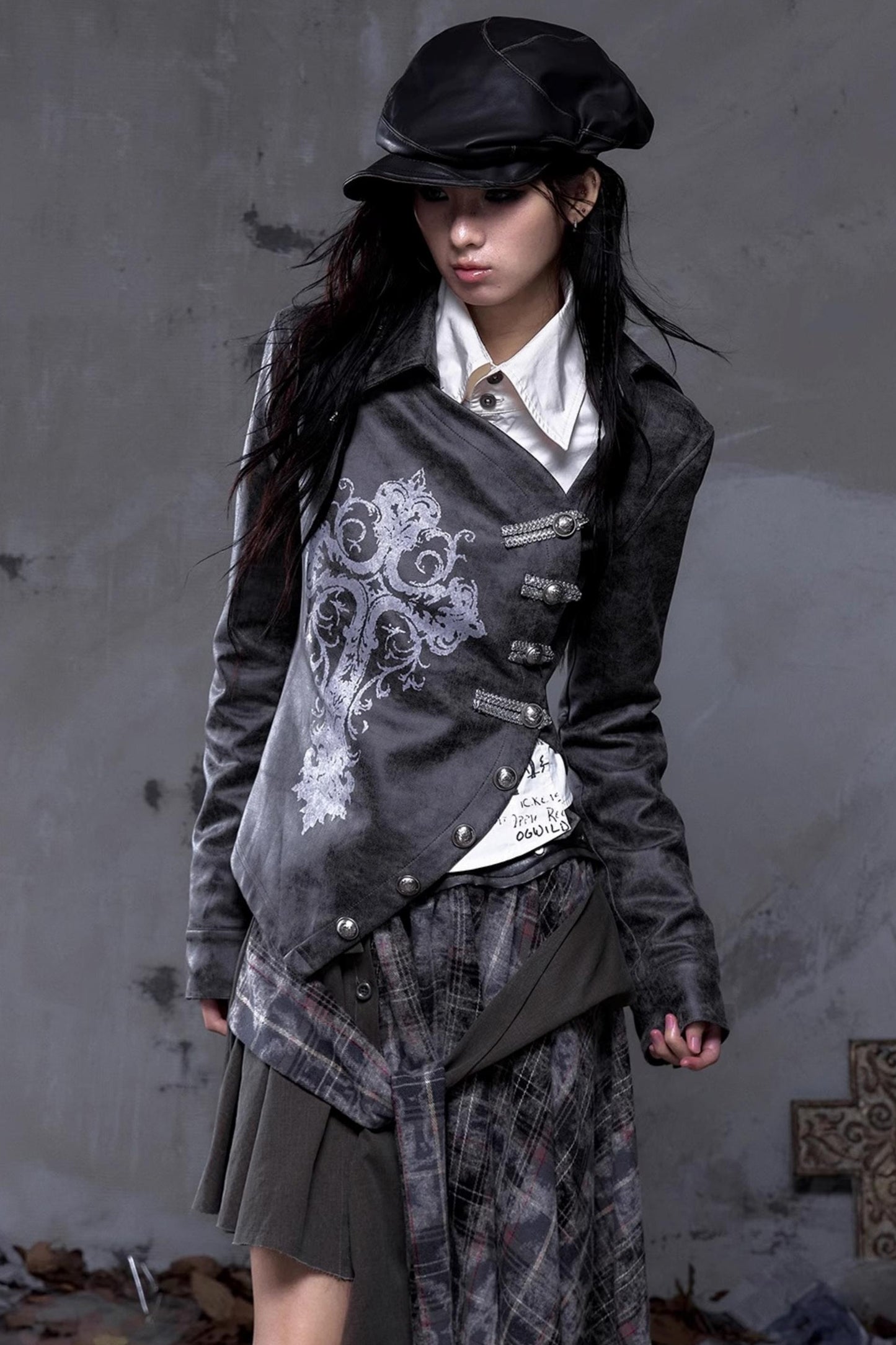 Vintage Slanted Placket Printed Leather Shirt