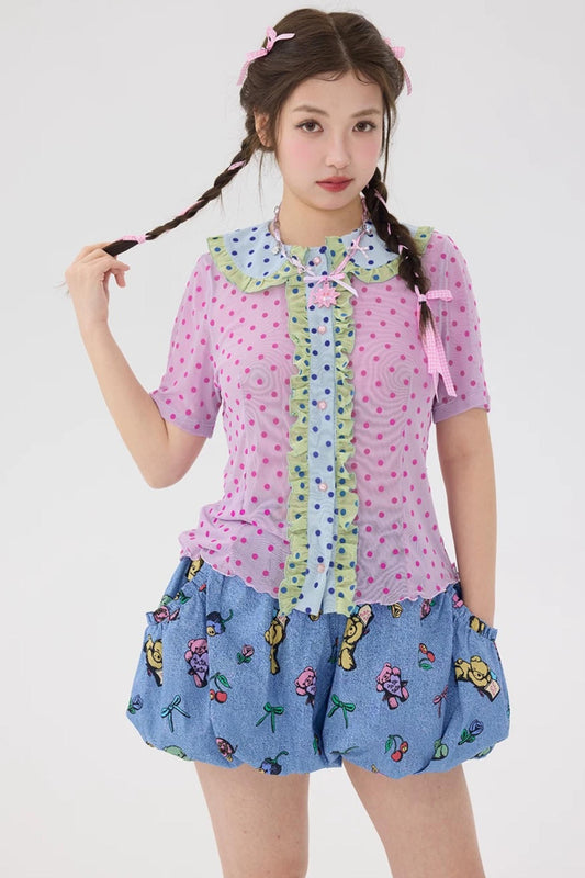 Purple Flocked Polka Dot Blouse