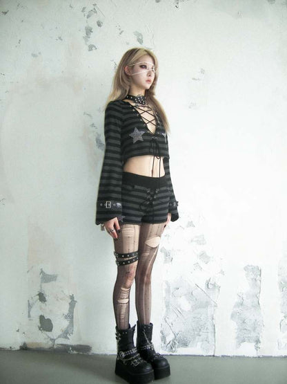 Cat Ears Border Lace Up Hoodie & Short Pants