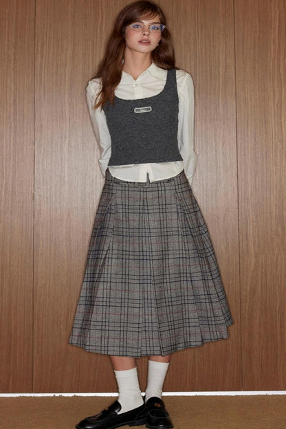 Vintage Gray Plaid Midi Pleated Skirt