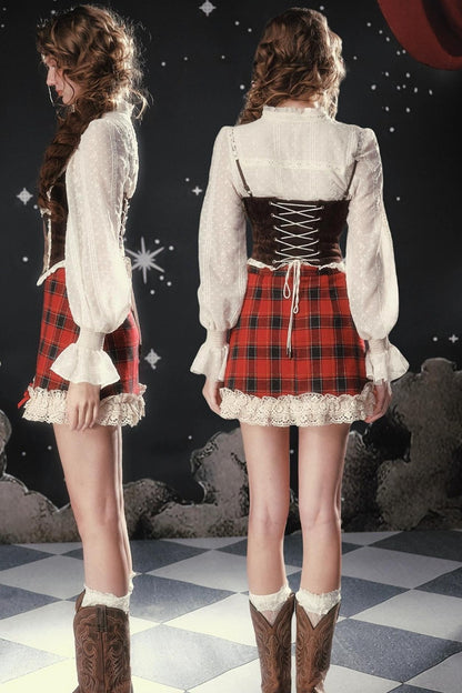 Sweet and Spicy Fishbone Corset Plaid Skirt Set-Up