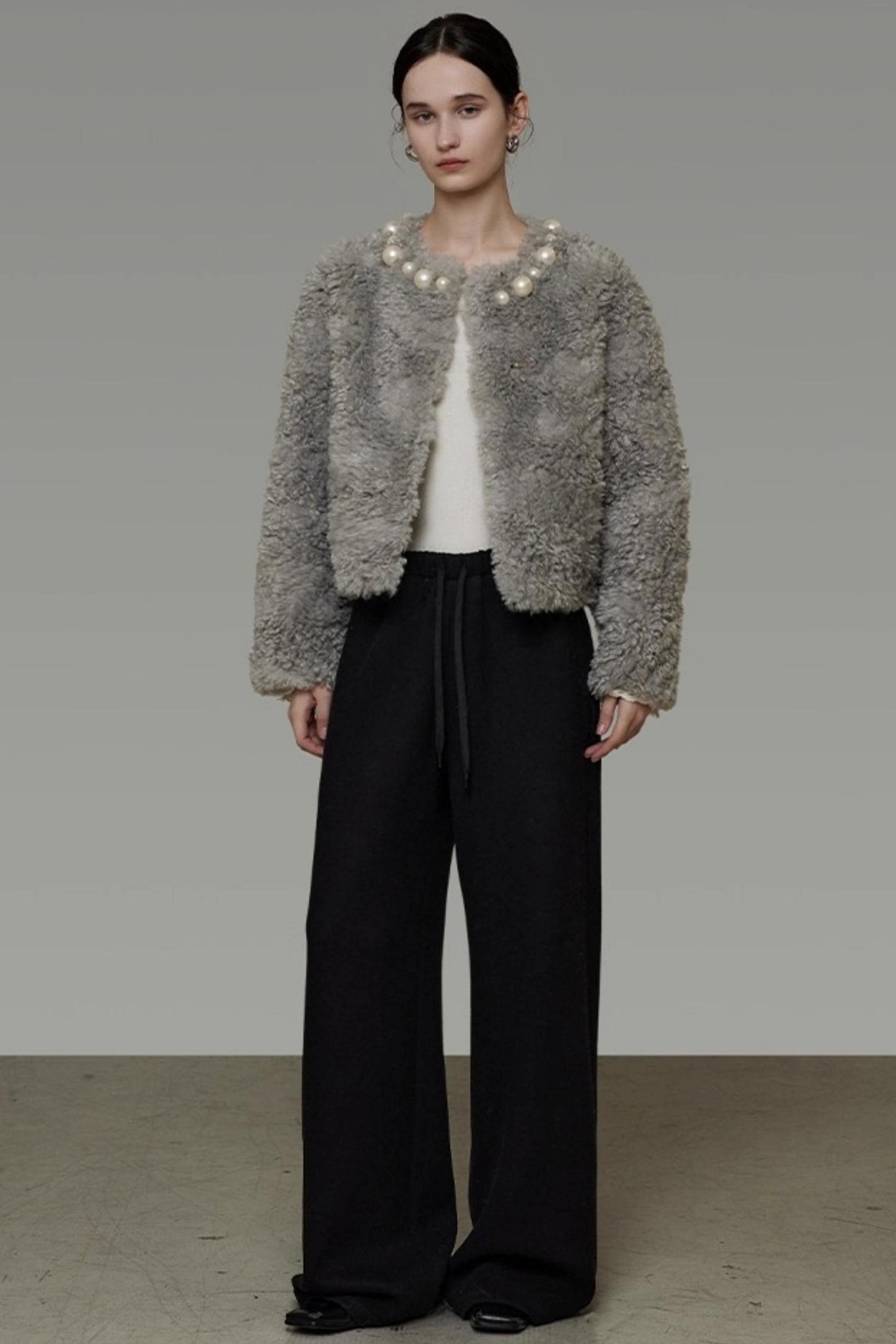 Pearl Collar Faux Fur Jacket
