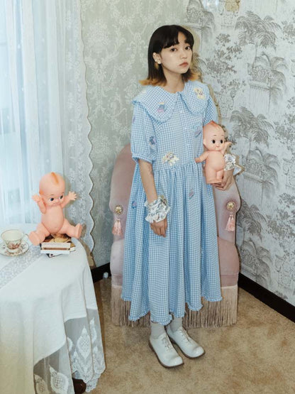 Sheep Embroidery Plaid Frill Dress