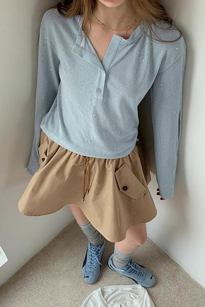 Henry Collar Design Loose Sequin T-shirt