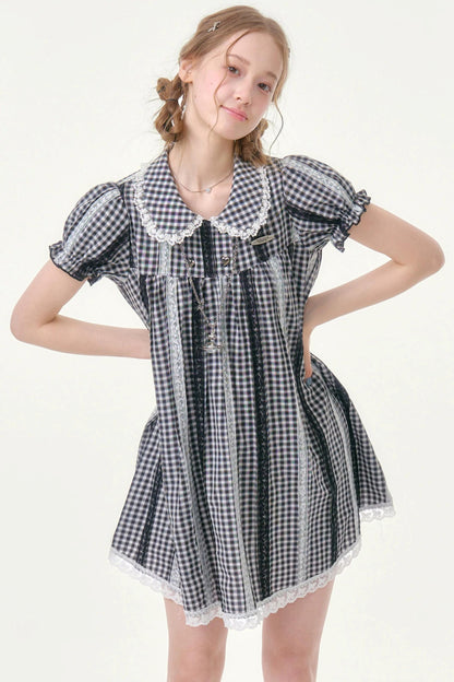 Retro Plaid Lace Puff Sleeve Dress