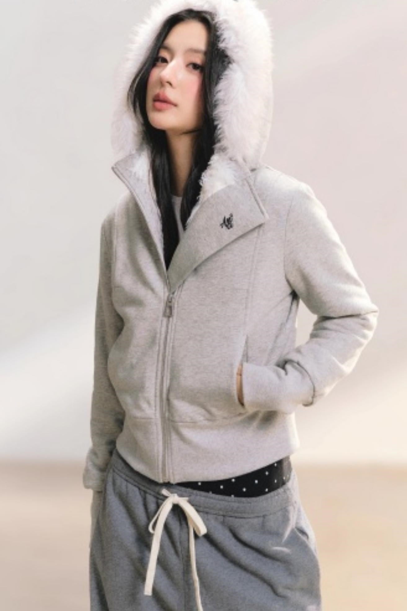Grey Wind Fur Collar Jacket