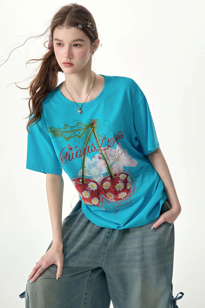 Cherry Print Blue Short-Sleeved T-Shirt