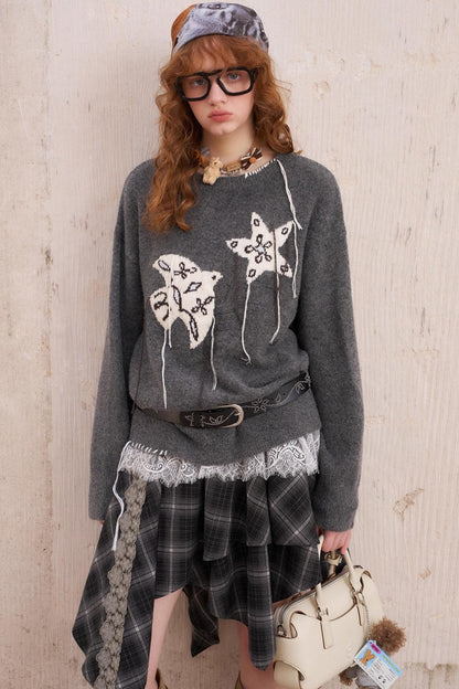 Star Fringe Long Sleeve Knit Pullover Top