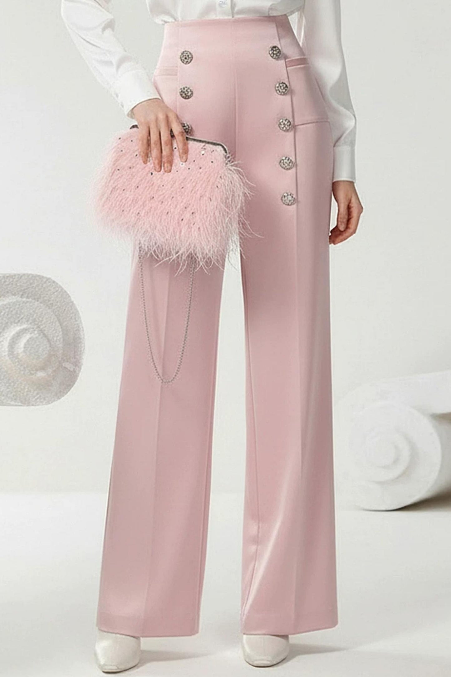 Satin Metal Button Suit Pants Set-Up