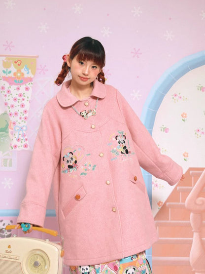 Panda embroidery mid-length coat