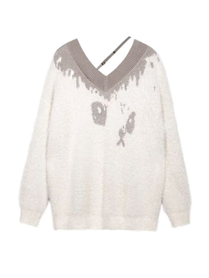 Fluffy Spotted Cat V-Neck Sweater