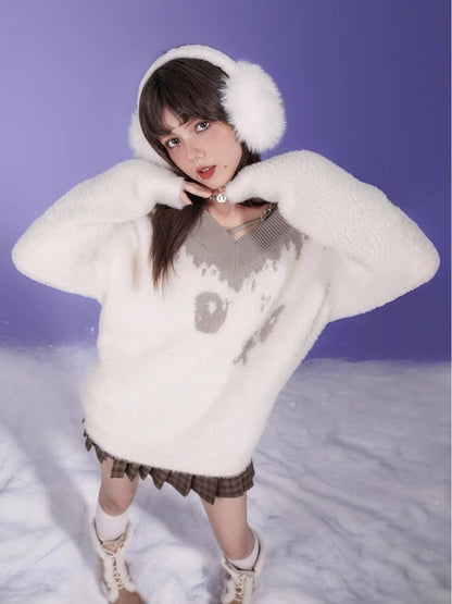 Fluffy Spotted Cat V-Neck Sweater