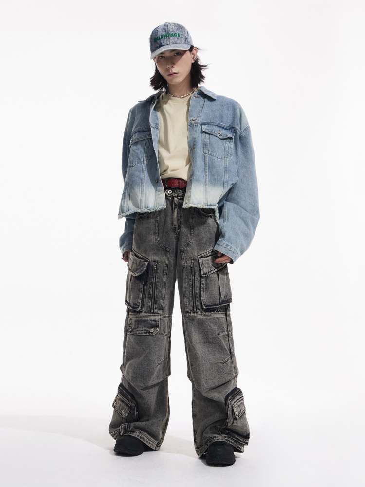 Multi Pocket Retro Wide Leg Denim Pants