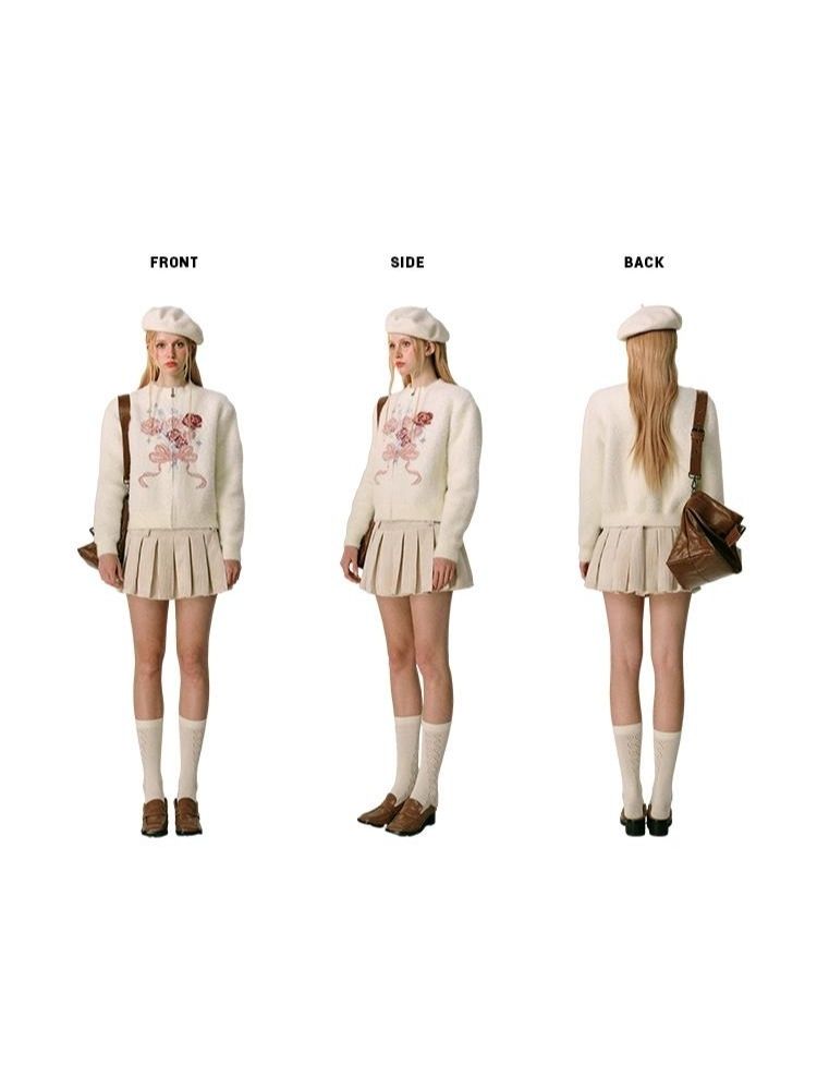 Mink Jacquard Rose Bow Zipper Knit Cardigan