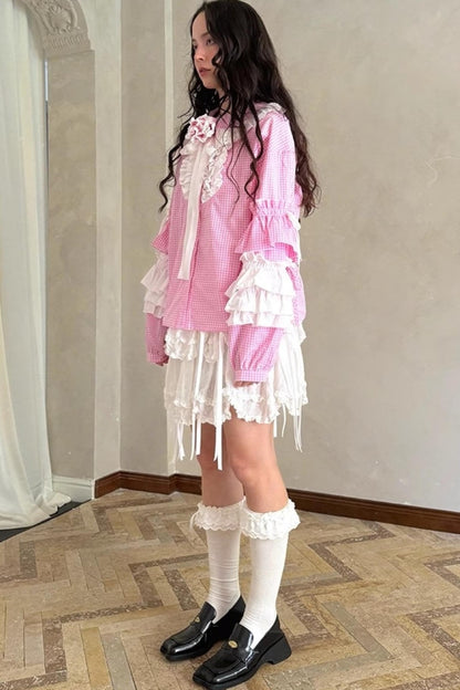 Pink-White Plaid Lace Shirt