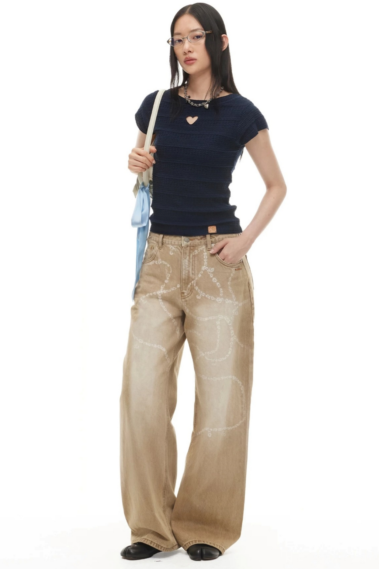 Wide-Leg Diamond Chain Jeans