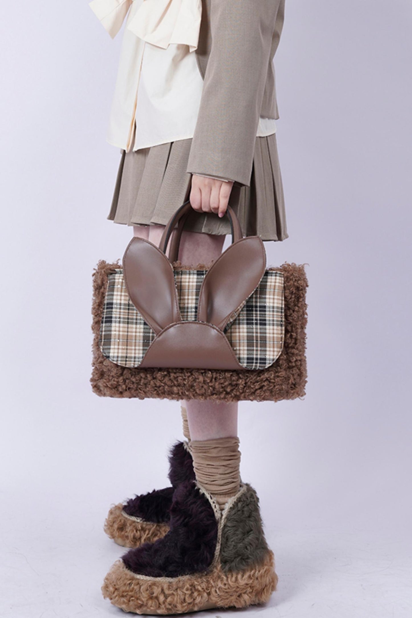 Plaid Rabbit Fur Tote Bag