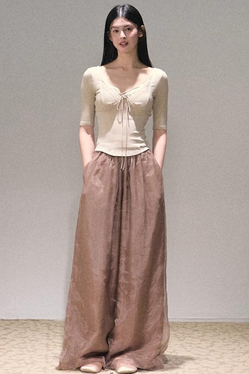 Apricot Satin Double-Layer Pants