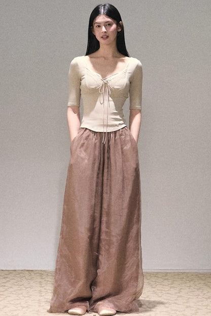 Apricot Satin Double-Layer Pants