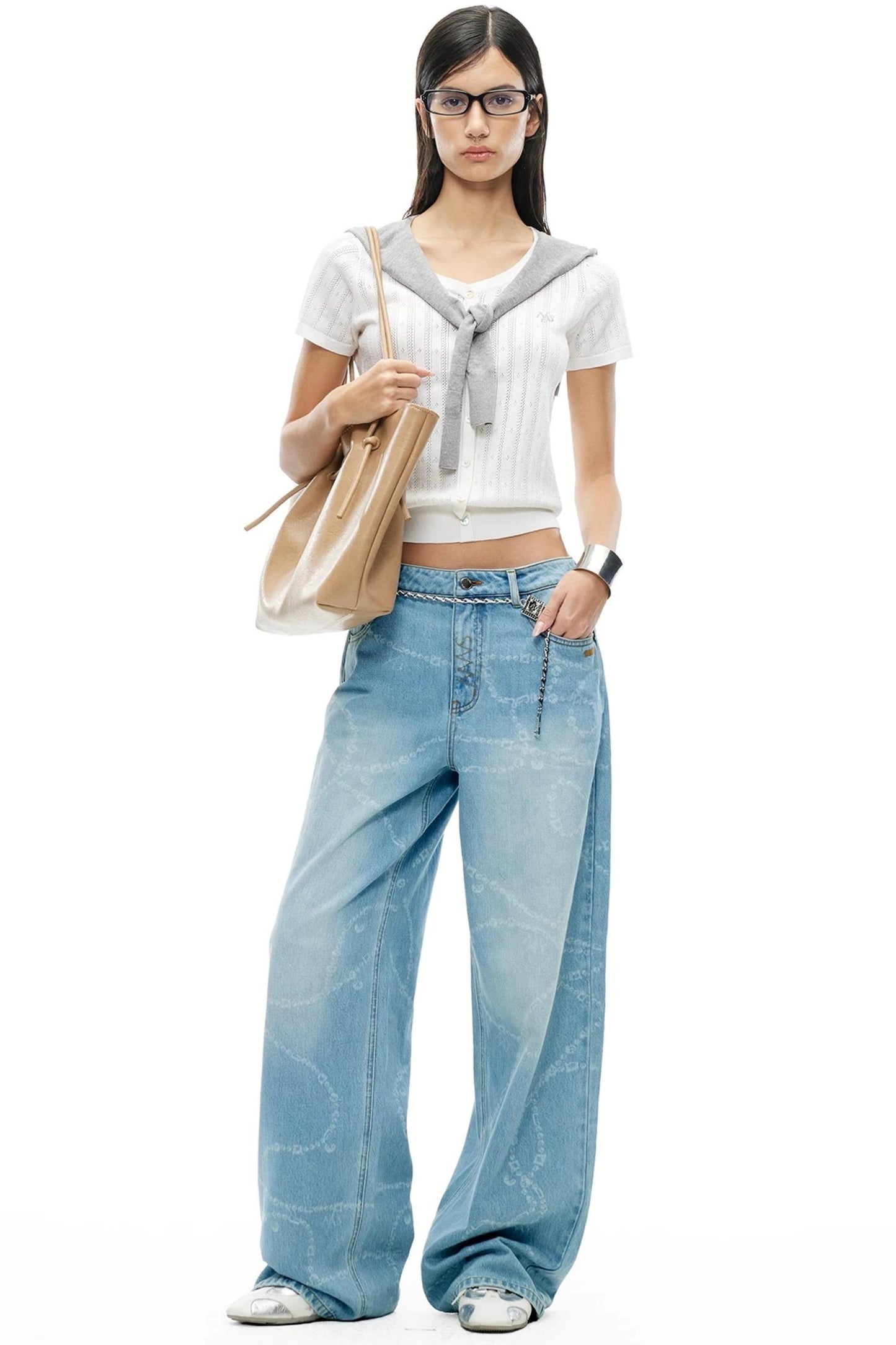 Washed Laser Print Denim Pants