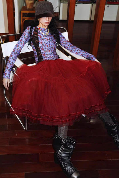 Autumn Mesh Puffy Long Skirt