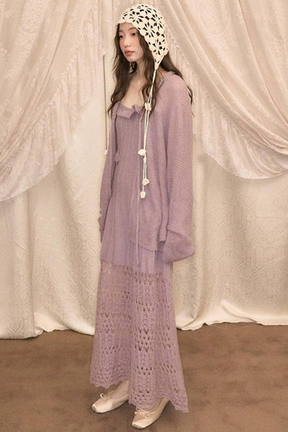 Crochet Knit Camisole Dress Cardigan Set-Up