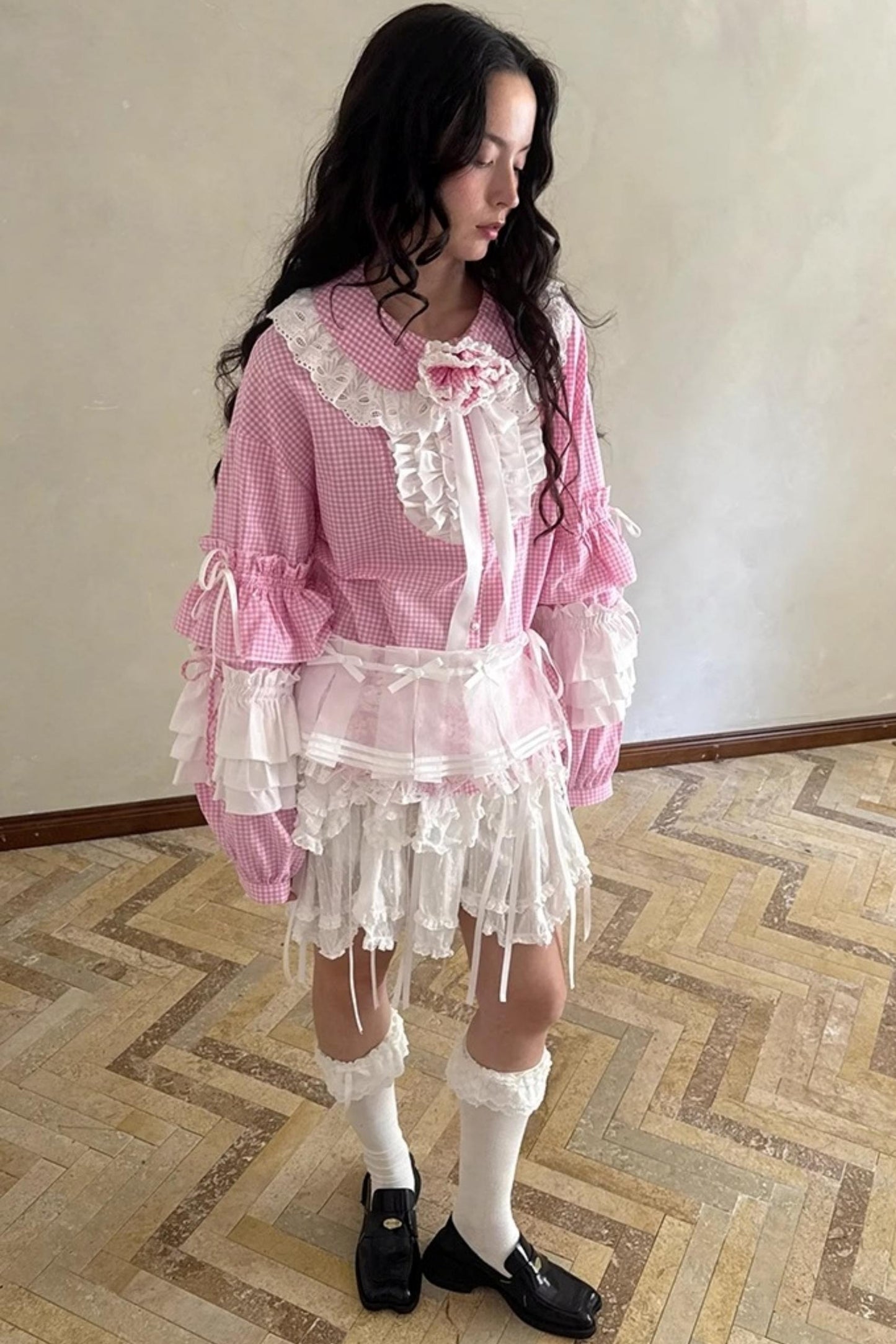 Pink-White Plaid Lace Shirt