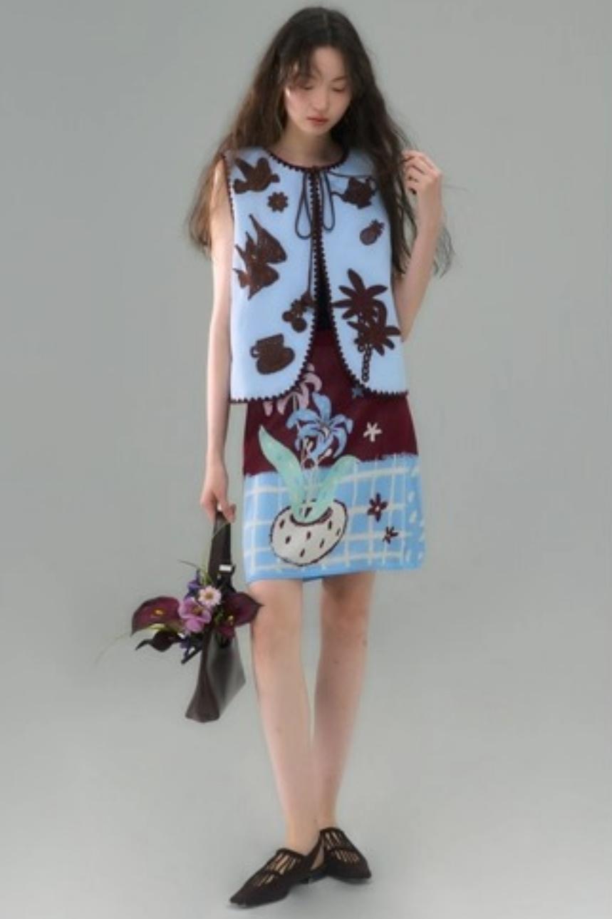 Island Tea Flower Embroidered Top & Skirt Set-Up