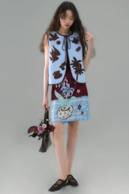 Island Tea Flower Embroidered Top & Skirt Set-Up