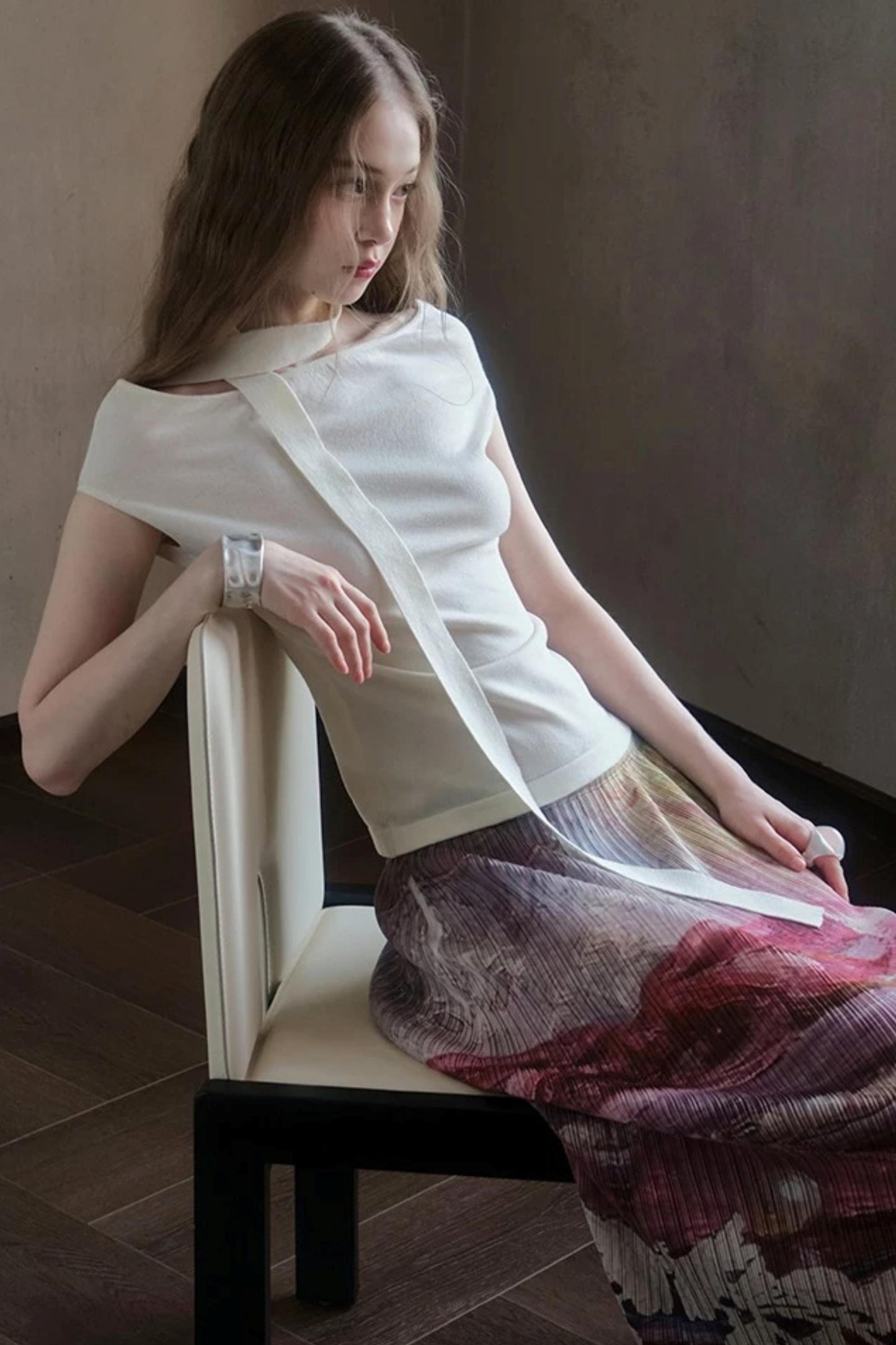 Milk White Asymmetrical Knit Top