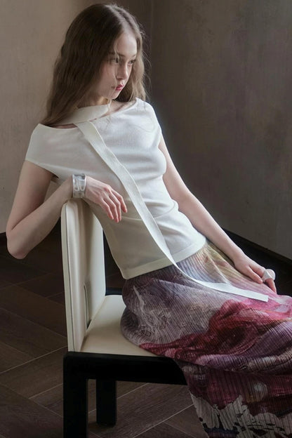 Milk White Asymmetrical Knit Top