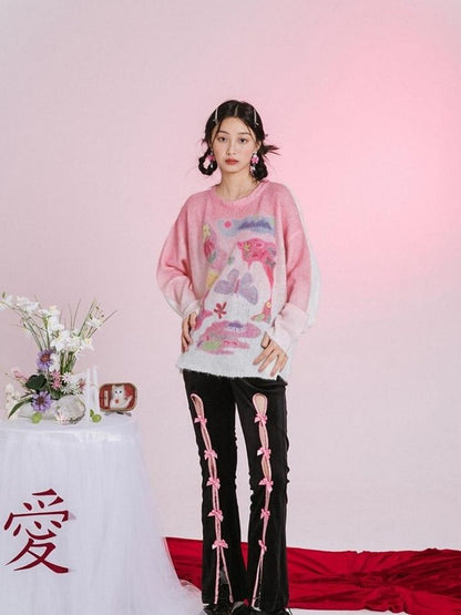 Romantic Butterfly Print Thin Sweater