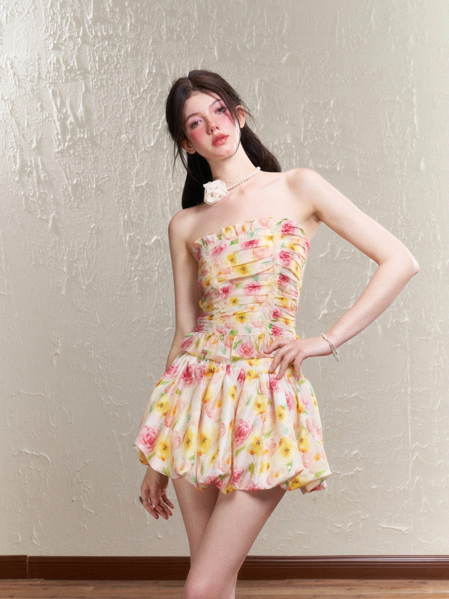 Flower print draw-in bandeau sleeves puff set