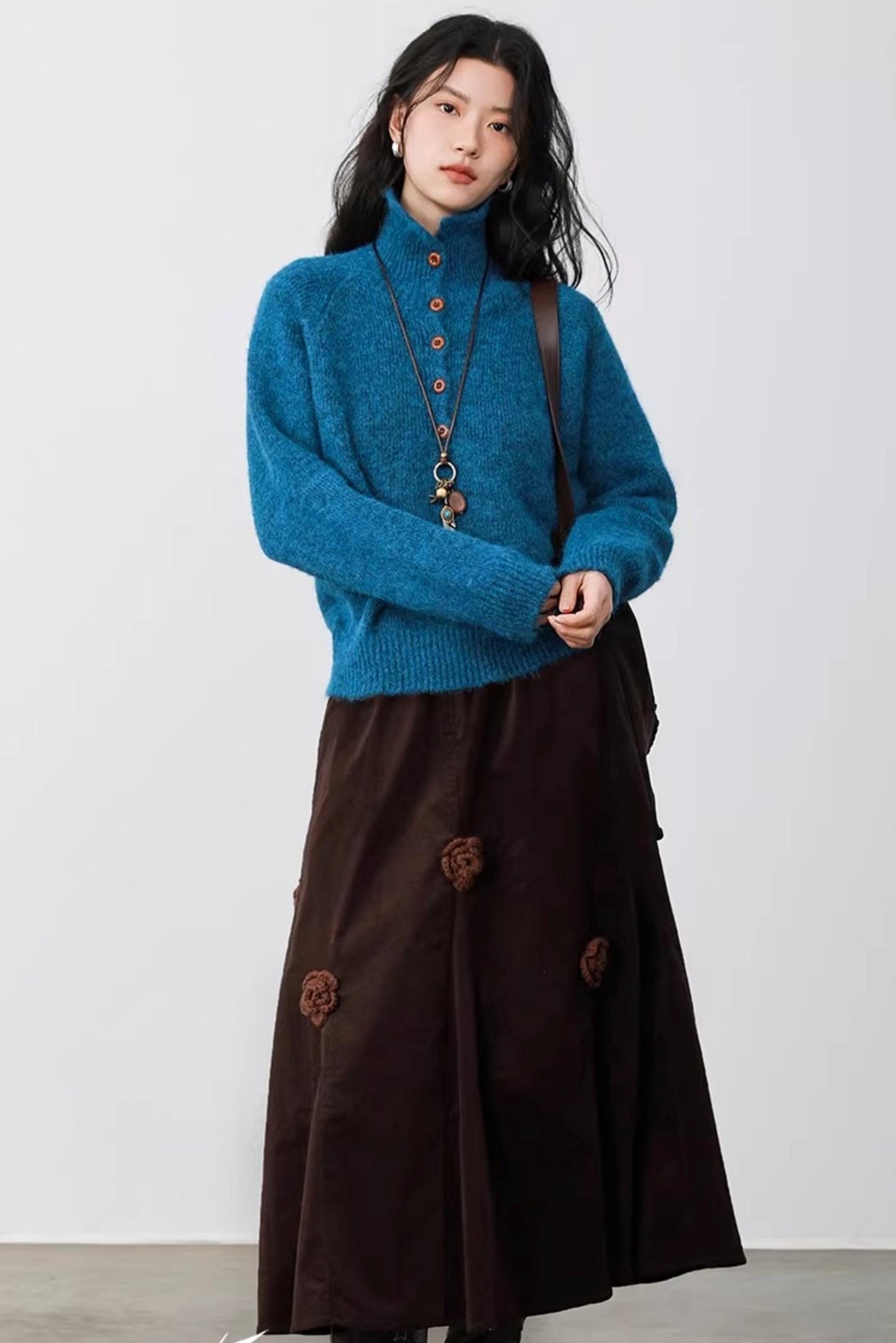 Three-Dimensional Floral Corduroy Skirt