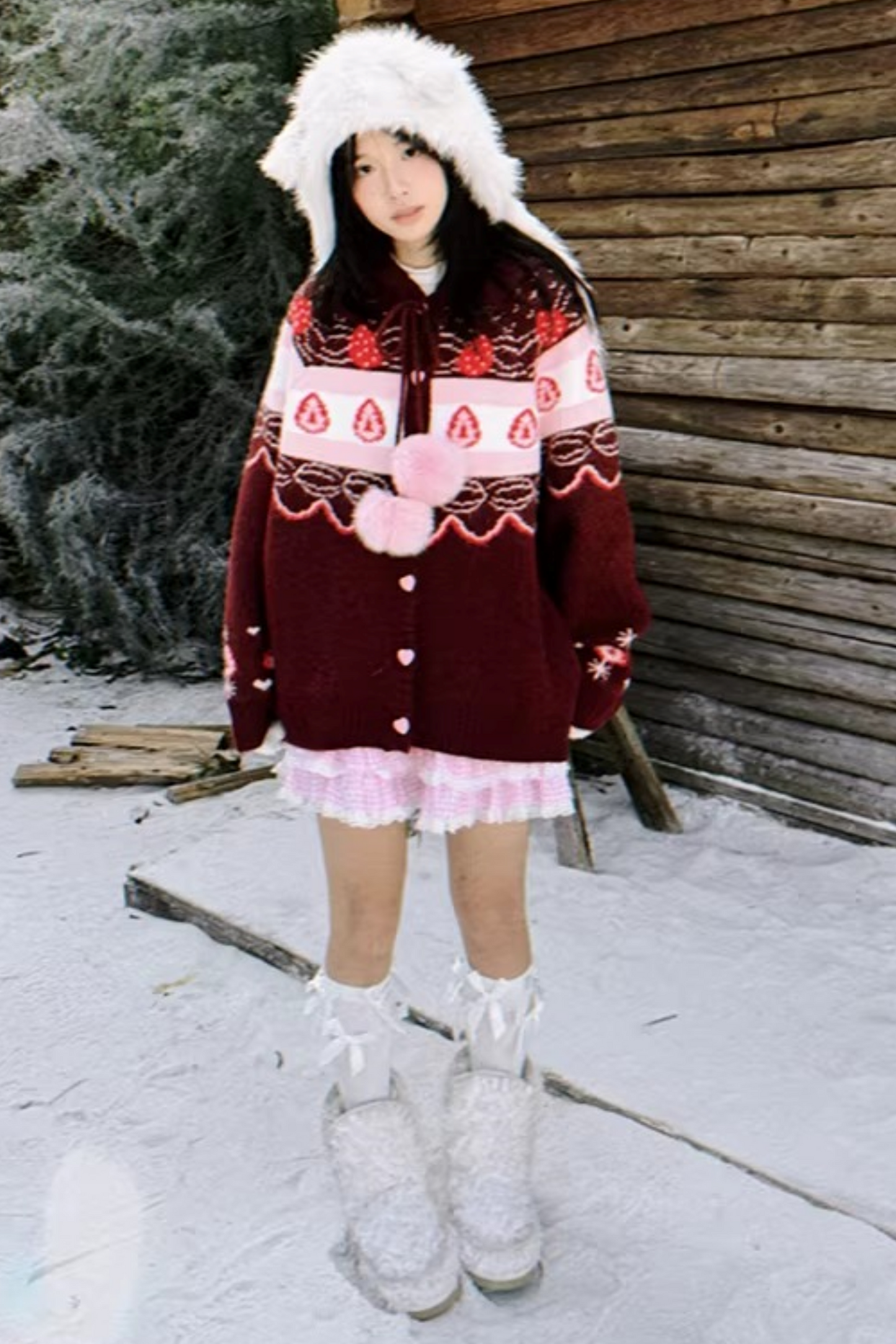 Fair Isle Strickjacke mit Erdbeermuster