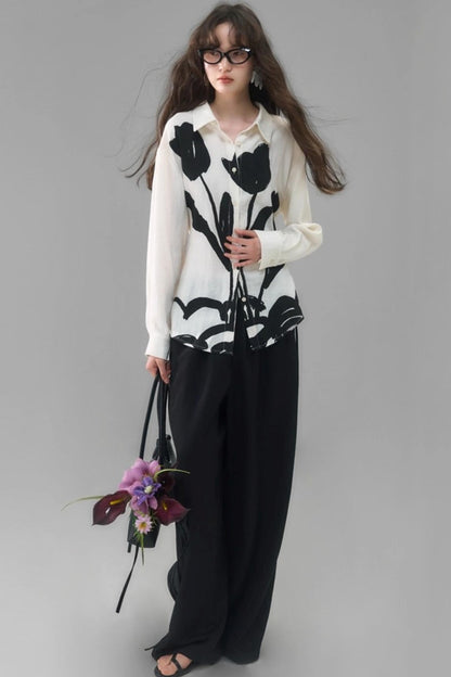 Three-Dimensional Calla Lily Linen Blend Wide-Leg Pants