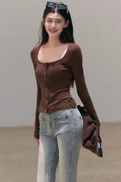 Hollow-Out Ribbed Knit Cardigan