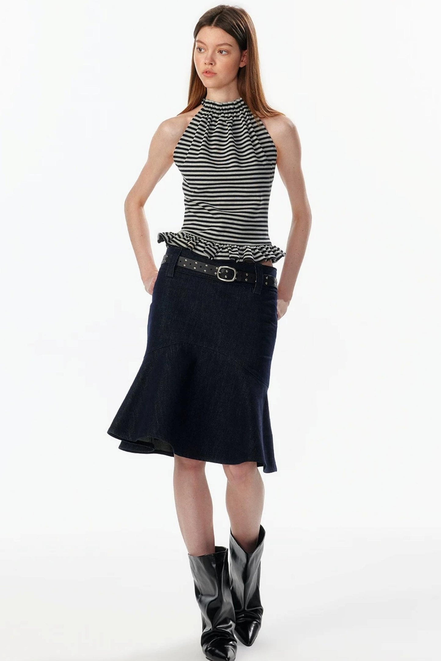 Ruffle Hem Halter Backless Top