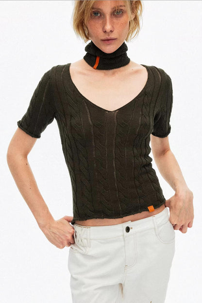 Sophisticated olive green cable knit choker top for a unique summer look
